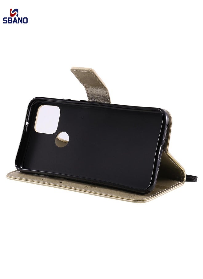 Case Cover For Google Pixel 5 Tree & Cat Embossed Pattern Horizontal Flip Leather Case with Holder & Card Slots & Wallet & Lanyard(Gold)