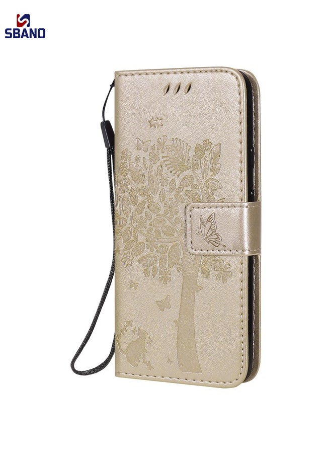 Case Cover For Google Pixel 5 Tree & Cat Embossed Pattern Horizontal Flip Leather Case with Holder & Card Slots & Wallet & Lanyard(Gold)
