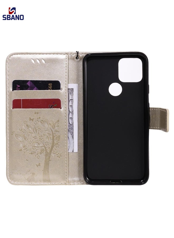 Case Cover For Google Pixel 5 Tree & Cat Embossed Pattern Horizontal Flip Leather Case with Holder & Card Slots & Wallet & Lanyard(Gold)