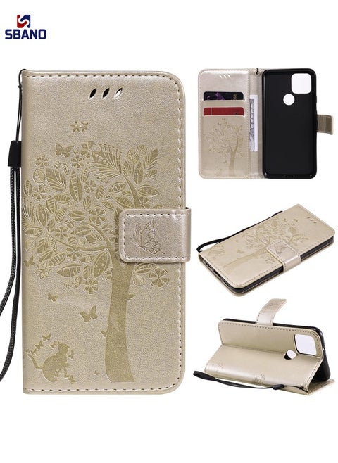 Case Cover For Google Pixel 5 Tree & Cat Embossed Pattern Horizontal Flip Leather Case with Holder & Card Slots & Wallet & Lanyard(Gold)