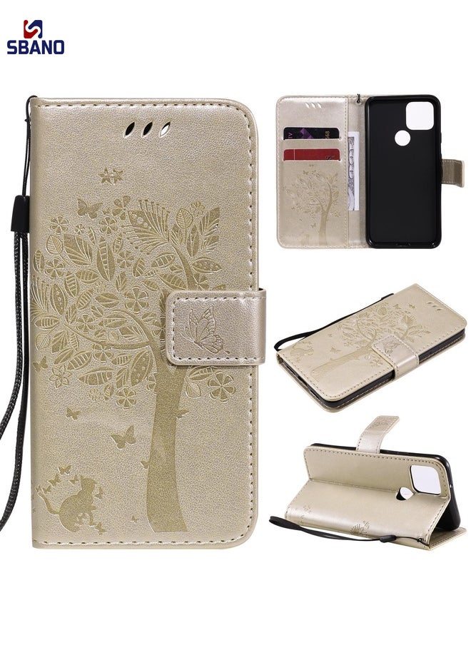 Case Cover For Google Pixel 5 Tree & Cat Embossed Pattern Horizontal Flip Leather Case with Holder & Card Slots & Wallet & Lanyard(Gold)