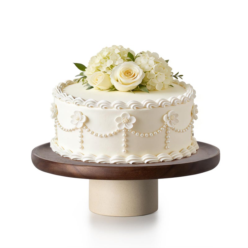 CEEFU 11 inch Rustic Acacia Wood Cake Stand - Natural Wooden Clay Wedding Cake Pedestal Serving Stand for Cupcake Dessert Bites Display in Party, Birthday, Beautiful Farmhouse Kitchen Decor - Image 1