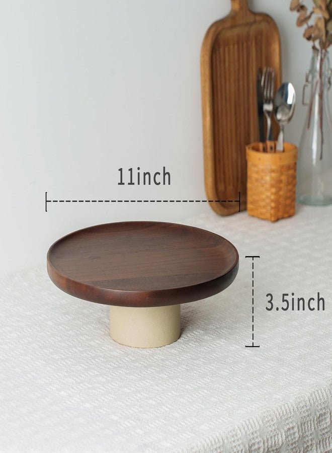 CEEFU 11 inch Rustic Acacia Wood Cake Stand - Natural Wooden Clay Wedding Cake Pedestal Serving Stand for Cupcake Dessert Bites Display in Party, Birthday, Beautiful Farmhouse Kitchen Decor - Image 3