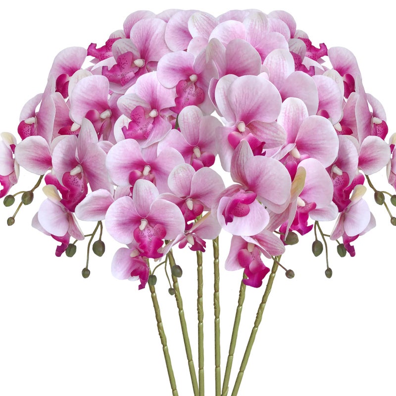 HinyoCo 6 Pcs Artificial Orchid Flowers Artificial Phalaenopsis Flowers 32 Inch Stem Plants for Home Wedding Decoration White Flower Purple Core