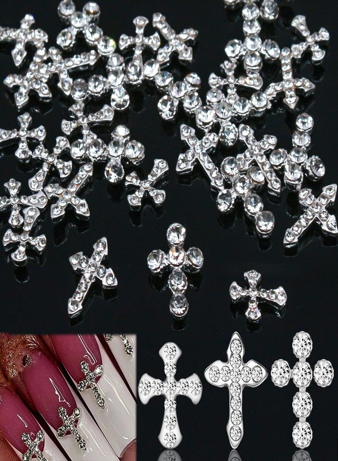 SILPECWEE 30pcs 3 style Cross Nail Charms 3D Cross Charms for Nails Silver Nail Jewels Nail Art Charms Flat-back Nail Rhinestone Crystal Diamond Nail Art Decoration Nails Accessories - Image 1