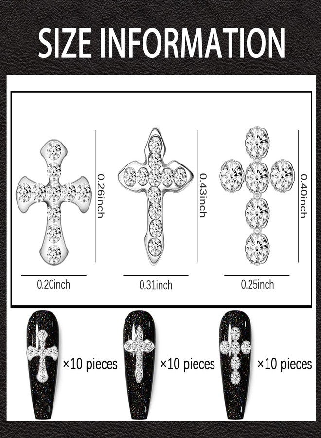 SILPECWEE 30pcs 3 style Cross Nail Charms 3D Cross Charms for Nails Silver Nail Jewels Nail Art Charms Flat-back Nail Rhinestone Crystal Diamond Nail Art Decoration Nails Accessories - Image 2