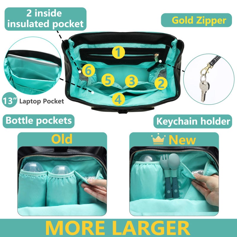 MOMINSIDE Diaper Bag Backpack with 14 Pockets, Leather Baby Bag, pañaleras para bebe Baby Registry, 4 Insulated Pockets, Changing Pad, Stroller Straps (Black) - Image 3