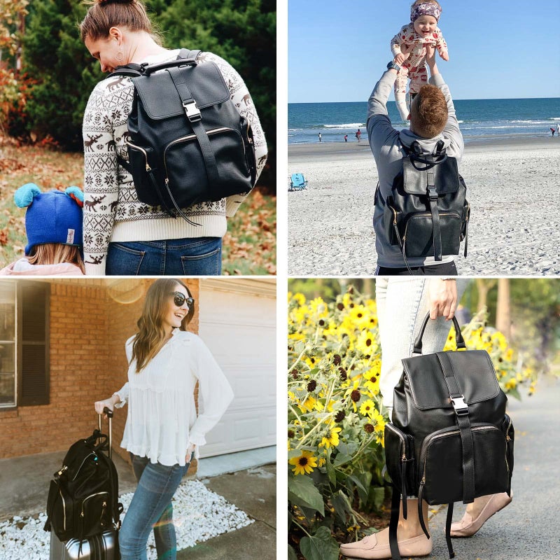 MOMINSIDE Diaper Bag Backpack with 14 Pockets, Leather Baby Bag, pañaleras para bebe Baby Registry, 4 Insulated Pockets, Changing Pad, Stroller Straps (Black) - Image 2