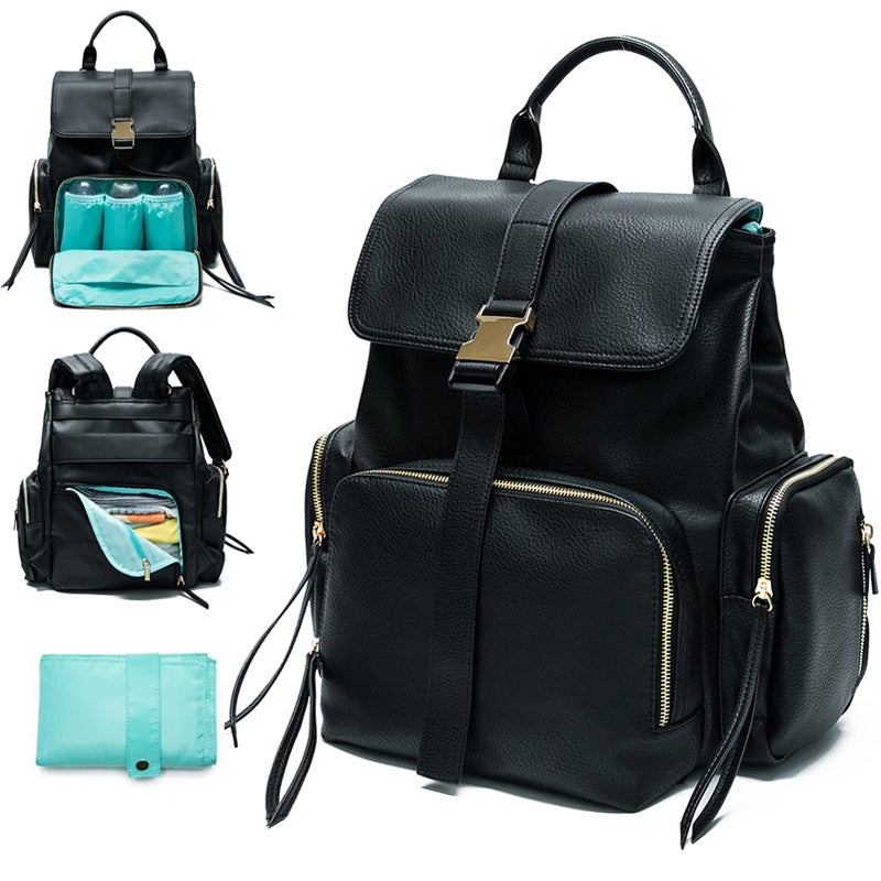 MOMINSIDE Diaper Bag Backpack with 14 Pockets, Leather Baby Bag, pañaleras para bebe Baby Registry, 4 Insulated Pockets, Changing Pad, Stroller Straps (Black) - Image 1