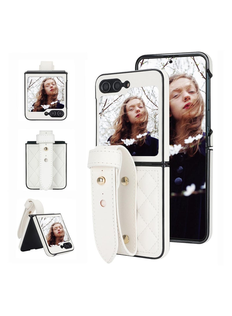 SYOSI for Samsung Galaxy Z Flip 6 Case with Wrist Strap, Thin Slim Shockproof Hard Shell PU Leather Protective Cover, Luxury Soft Diamond-Shaped Flip Case for Samsung Galaxy Z Flip 6 XFWD White - Image 1