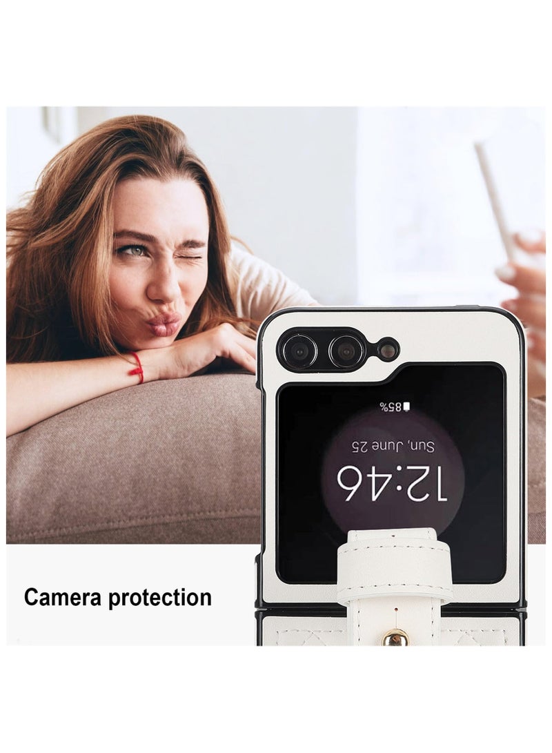 SYOSI for Samsung Galaxy Z Flip 6 Case with Wrist Strap, Thin Slim Shockproof Hard Shell PU Leather Protective Cover, Luxury Soft Diamond-Shaped Flip Case for Samsung Galaxy Z Flip 6 XFWD White - Image 5