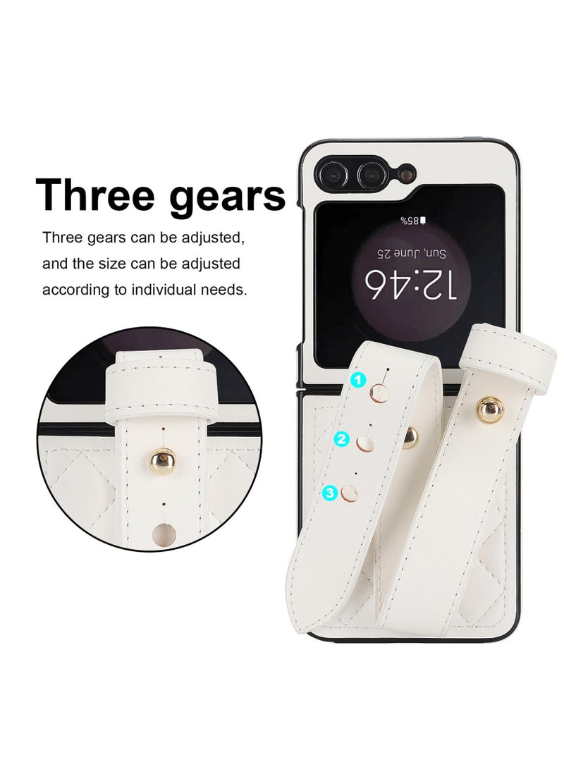 SYOSI for Samsung Galaxy Z Flip 6 Case with Wrist Strap, Thin Slim Shockproof Hard Shell PU Leather Protective Cover, Luxury Soft Diamond-Shaped Flip Case for Samsung Galaxy Z Flip 6 XFWD White - Image 3