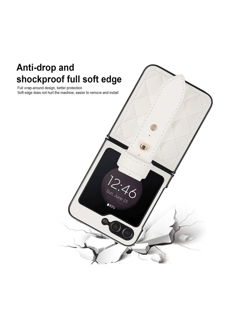 SYOSI for Samsung Galaxy Z Flip 6 Case with Wrist Strap, Thin Slim Shockproof Hard Shell PU Leather Protective Cover, Luxury Soft Diamond-Shaped Flip Case for Samsung Galaxy Z Flip 6 XFWD White - Image 4