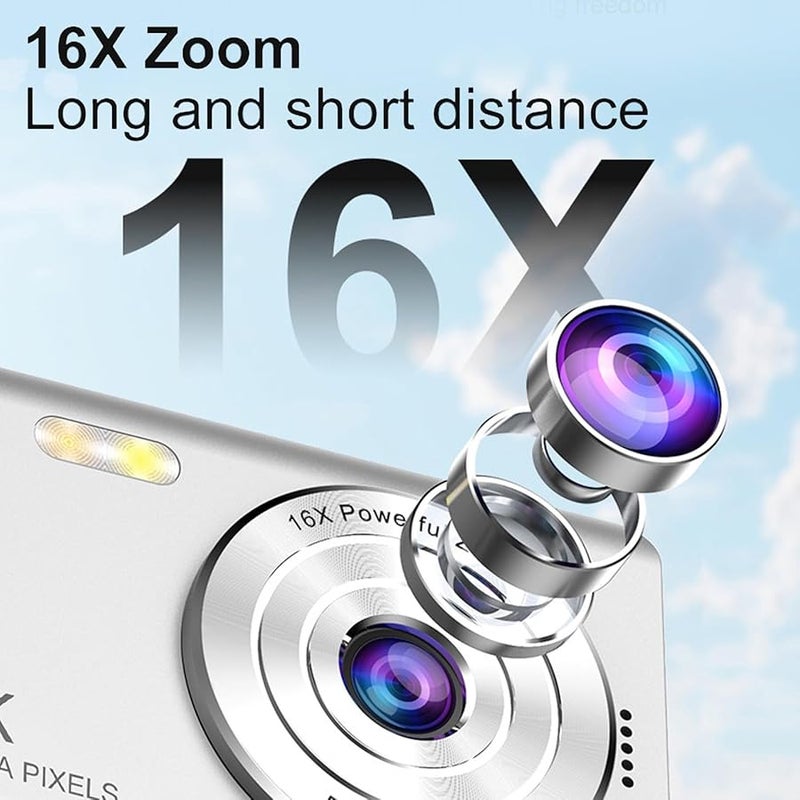 Fockety 64MP 4K Digital Camera Auto Focus Vlogging Anti Shake Travel Silver - Image 3