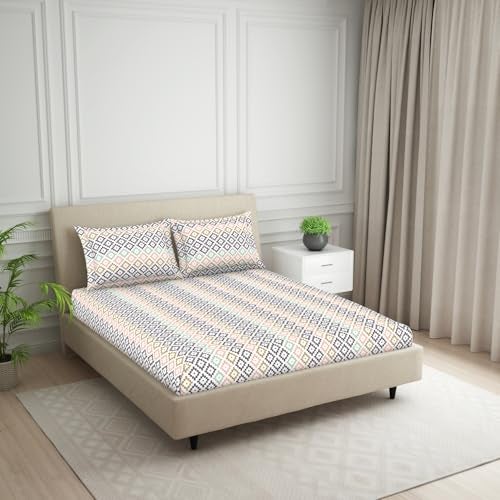 Welspun ويلسبان 120 TC مزيج قطن ملاءة سرير مزدوجة مع غطاء وسادة 2 | آمنة للبشرة وناعمة للغاية ملاءة سرير كينج سايز | (274 X 274 سم) - هندسية وردية | هارموني - Image 2