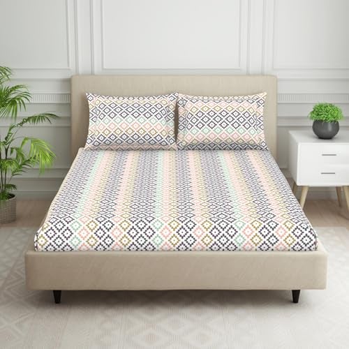 Welspun ويلسبان 120 TC مزيج قطن ملاءة سرير مزدوجة مع غطاء وسادة 2 | آمنة للبشرة وناعمة للغاية ملاءة سرير كينج سايز | (274 X 274 سم) - هندسية وردية | هارموني - Image 1