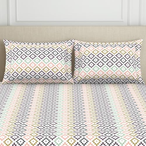 Welspun ويلسبان 120 TC مزيج قطن ملاءة سرير مزدوجة مع غطاء وسادة 2 | آمنة للبشرة وناعمة للغاية ملاءة سرير كينج سايز | (274 X 274 سم) - هندسية وردية | هارموني - Image 4