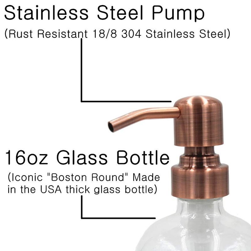 CHBJDAN 2 Pack Thick Clear Glass Pint Jar Soap Dispenser with Copper Stainless Steel Pump, 16ounce Clear Boston Round Bottles Dispenser with Rustproof Pump for Essential Oil, Lotions Soap - Image 3
