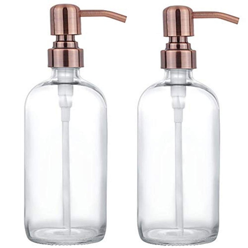 CHBJDAN 2 Pack Thick Clear Glass Pint Jar Soap Dispenser with Copper Stainless Steel Pump, 16ounce Clear Boston Round Bottles Dispenser with Rustproof Pump for Essential Oil, Lotions Soap - Image 1
