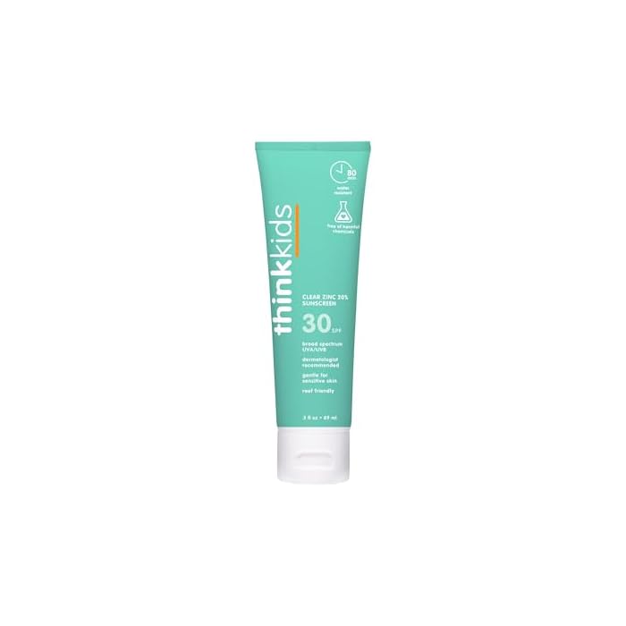 Thinkkids SPF 30 Mineral Sunblock, 3 Fl Oz, Clear Zinc Oxide, Reef-Friendly Protection for Children, Broad Spectrum UVA/UVB Coverage