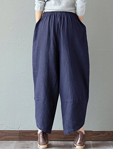Minibee Women's Baggy Linen Wide Leg Trousers Casual Patchwork Elastic Waist Harem Pants Navy Blue M - Image 5