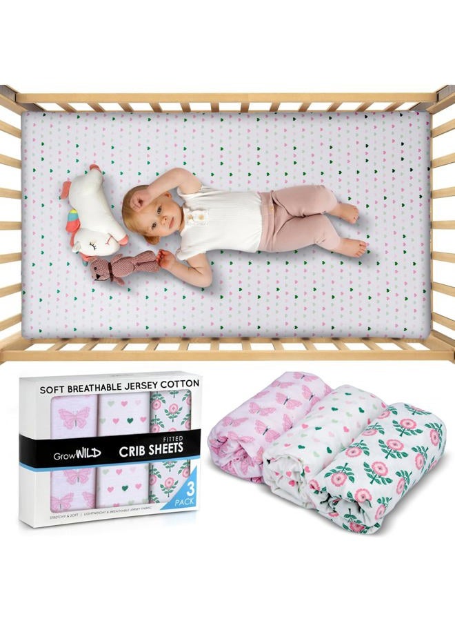 GrowWILD Hearts Crib Sheets for Girls (3 Pack) - Soft Stretchy Jersey Cotton Fitted Crib Sheet | Breathable Baby Crib Sheets with Hearts, Flowers and Butterflies Design - Image 2