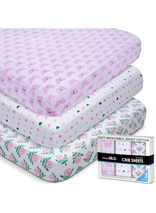 GrowWILD Hearts Crib Sheets for Girls (3 Pack) - Soft Stretchy Jersey Cotton Fitted Crib Sheet | Breathable Baby Crib Sheets with Hearts, Flowers and Butterflies Design - Image 1