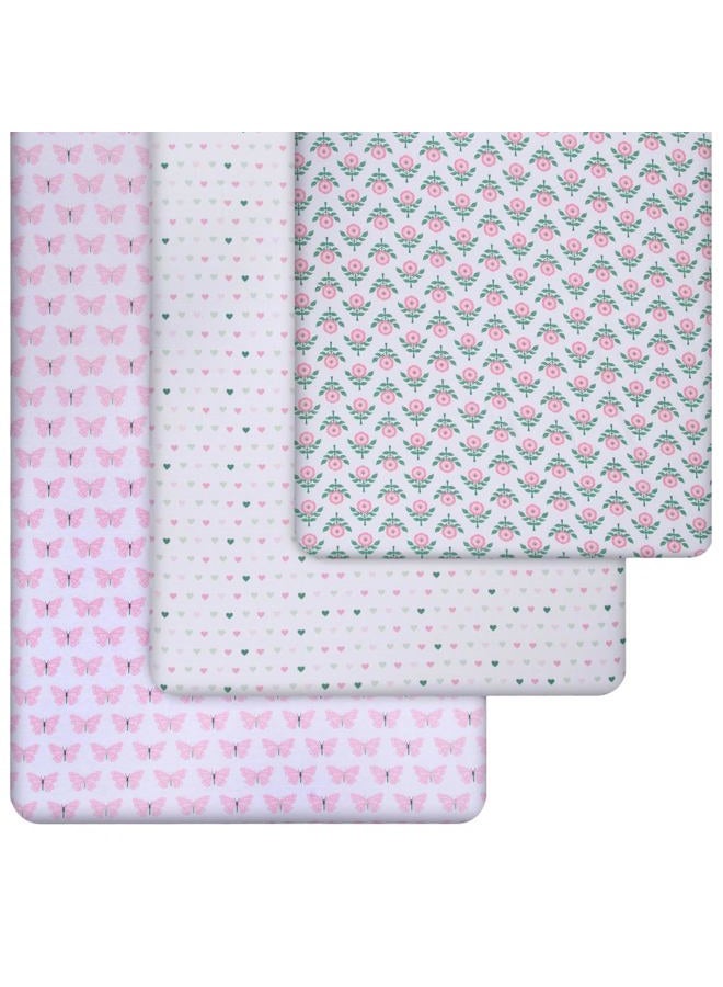 GrowWILD Hearts Crib Sheets for Girls (3 Pack) - Soft Stretchy Jersey Cotton Fitted Crib Sheet | Breathable Baby Crib Sheets with Hearts, Flowers and Butterflies Design - Image 3