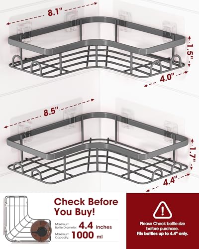 Sakugi Corner Shower Caddy 2 Pack Adhesive Shower Organizers Rustproof Stainless Steel Shower Shelves with 8 Hooks No Drilling Bathroom Organizers and Storage Racks SpaceSaving Grey Medium - Image 3