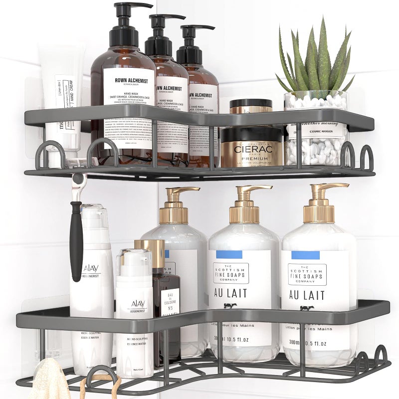 Sakugi Corner Shower Caddy 2 Pack Adhesive Shower Organizers Rustproof Stainless Steel Shower Shelves with 8 Hooks No Drilling Bathroom Organizers and Storage Racks SpaceSaving Grey Medium - Image 2