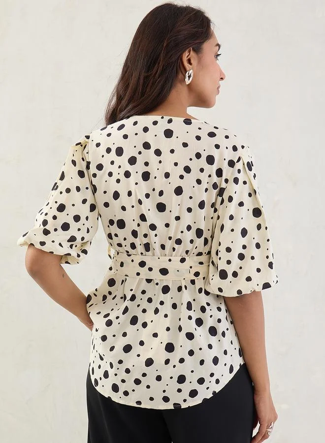 Femmella Femmella Off White Polka Dot Wrap Top