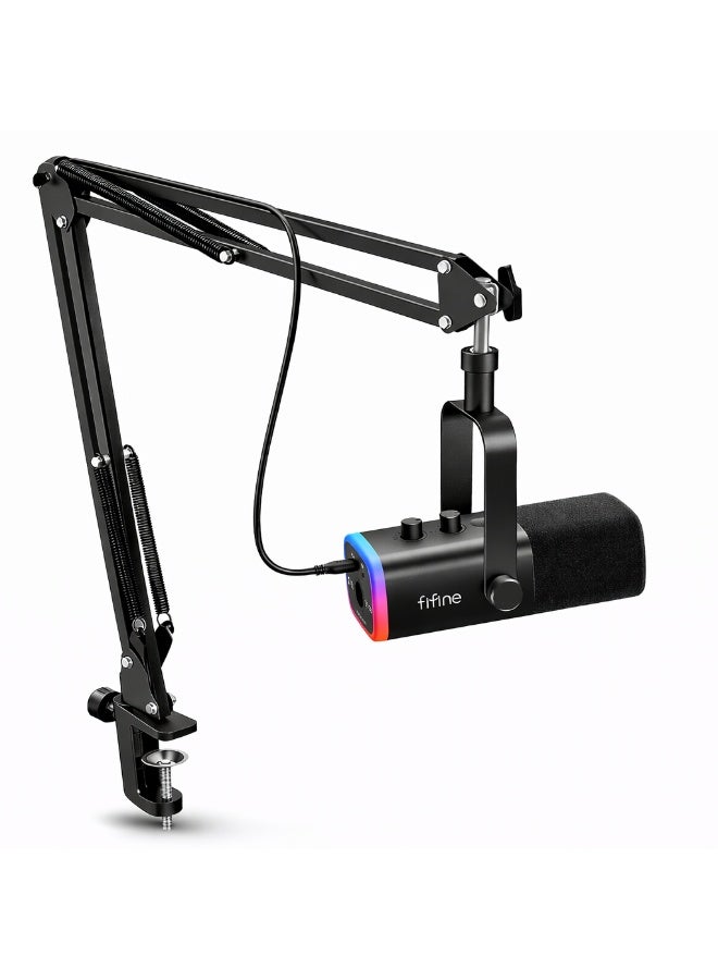 FIFINE XLR/USB Gaming Microphone Set, Dynamic PC Mic for Streaming Podcasting, Computer RGB Mic Kit with Boom Arm Stand, Mute Button, Headphones Jack, for Recording Vocal Voice-Over-AmpliGame AM8T - Image 1