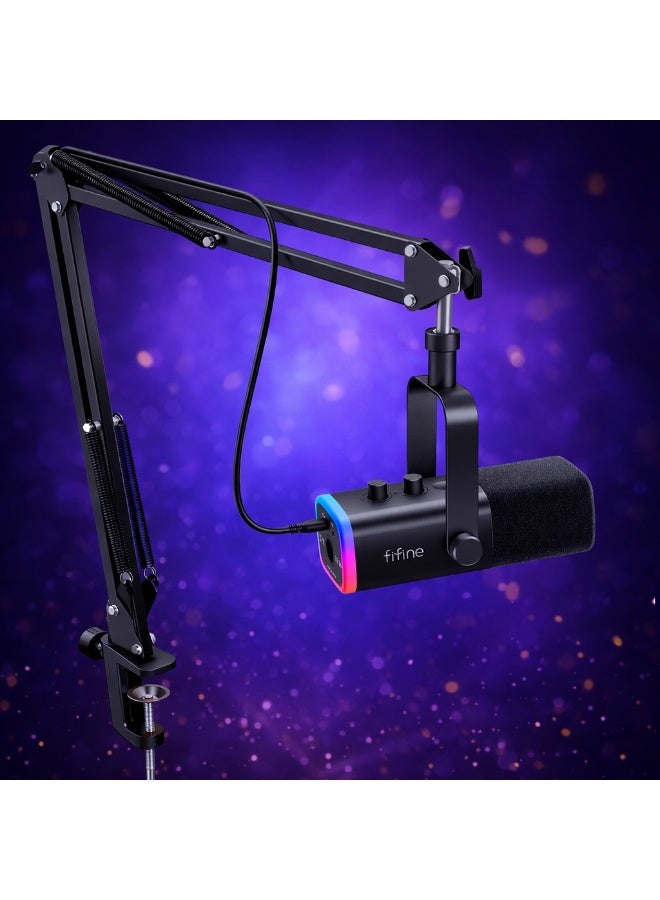 FIFINE XLR/USB Gaming Microphone Set, Dynamic PC Mic for Streaming Podcasting, Computer RGB Mic Kit with Boom Arm Stand, Mute Button, Headphones Jack, for Recording Vocal Voice-Over-AmpliGame AM8T - Image 2