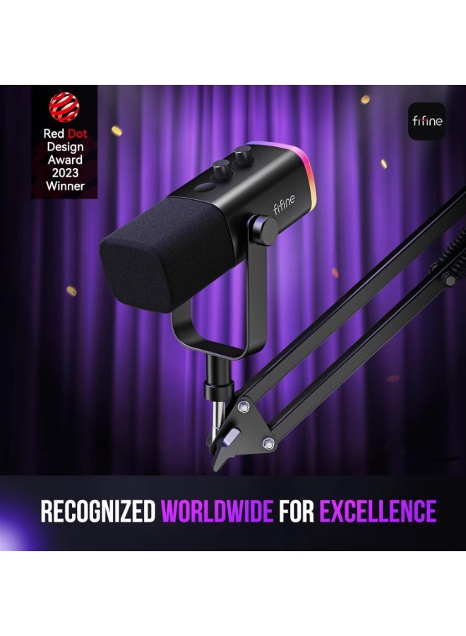 FIFINE XLR/USB Gaming Microphone Set, Dynamic PC Mic for Streaming Podcasting, Computer RGB Mic Kit with Boom Arm Stand, Mute Button, Headphones Jack, for Recording Vocal Voice-Over-AmpliGame AM8T - Image 3