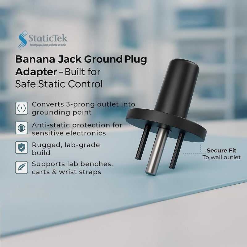 StaticTek Banana Jack Outlet Black Plug Adapter,Universal Ground 3 Prong Outlet Earth Connection, ESD Control, Light Weight Unbreakable Plastic, 2 Piece, STI - DES - 09838 - Image 2
