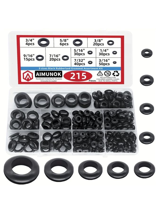 215 Pcs Rubber Grommet Assortment Kit 9 Sizes Black 3 16 1 4 3 8 5 8 3 4 Inch - Image 1