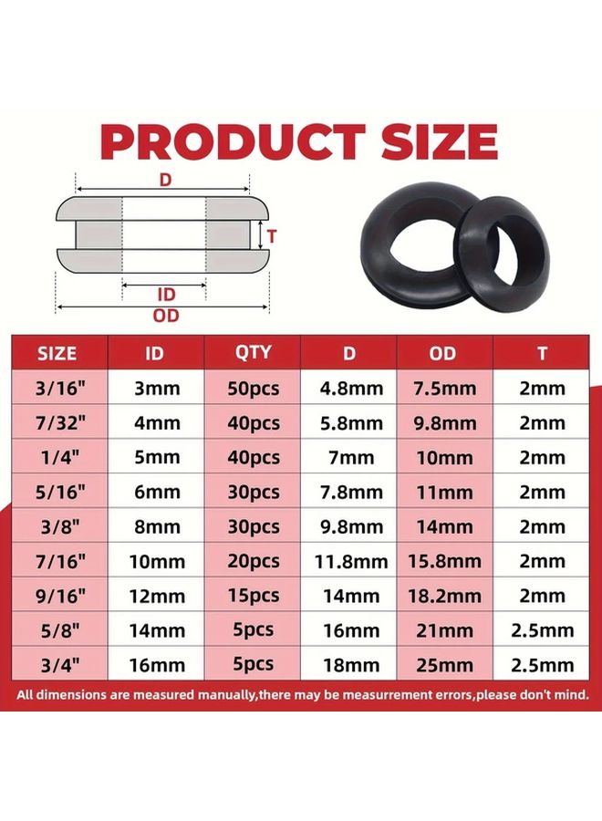 215 Pcs Rubber Grommet Assortment Kit 9 Sizes Black 3 16 1 4 3 8 5 8 3 4 Inch - Image 2
