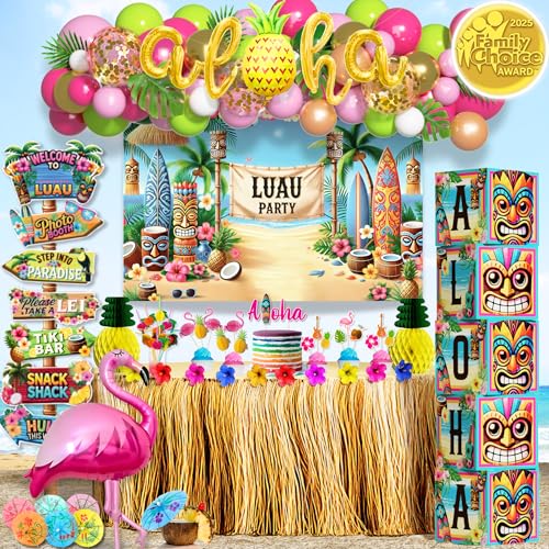 RainMeadow 180 pc Premium Luau Party Decorations Set Hawaiian Birthday Party Decor with Balloons Backdrop Table Skirt Toppers More Tropical Aloha Themed Supplies for Indoor Outdoor Celebrations - Image 1