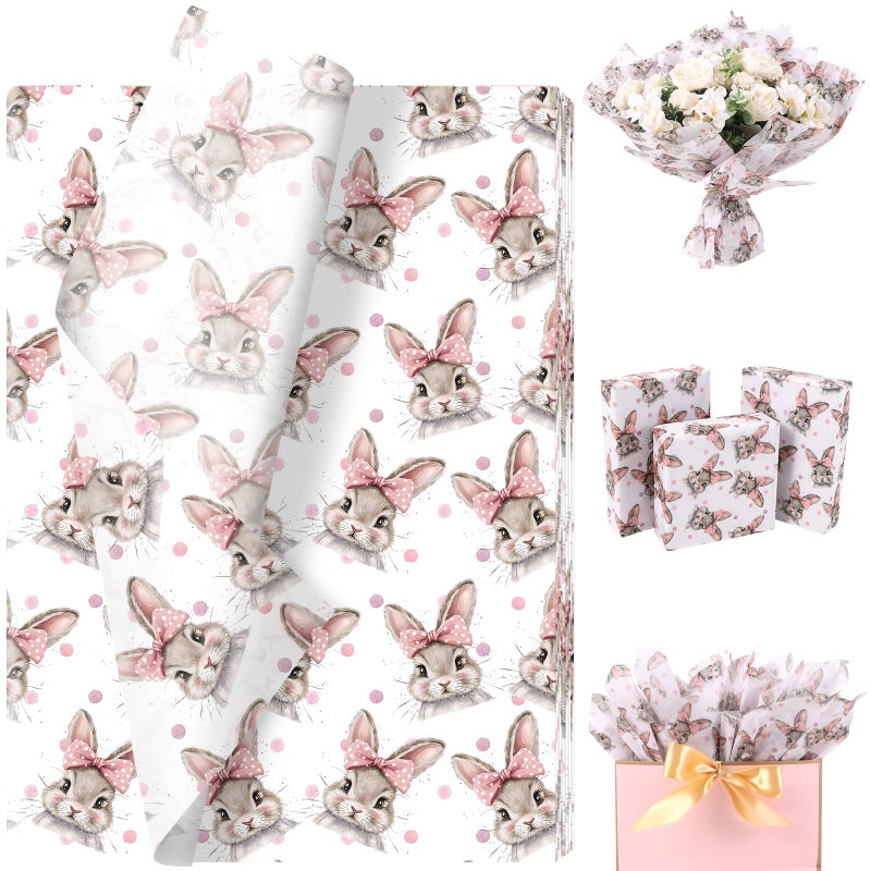 Fabllewavi 100 Sheets Retro Bunny Tissue Paper, Girly Rabbit Bows Patterns Wrapping Paper for Easter DIY Crafts Spring Birthday Baby Shower Party Supplies, 13.8 x 19.7 Inch - Image 1