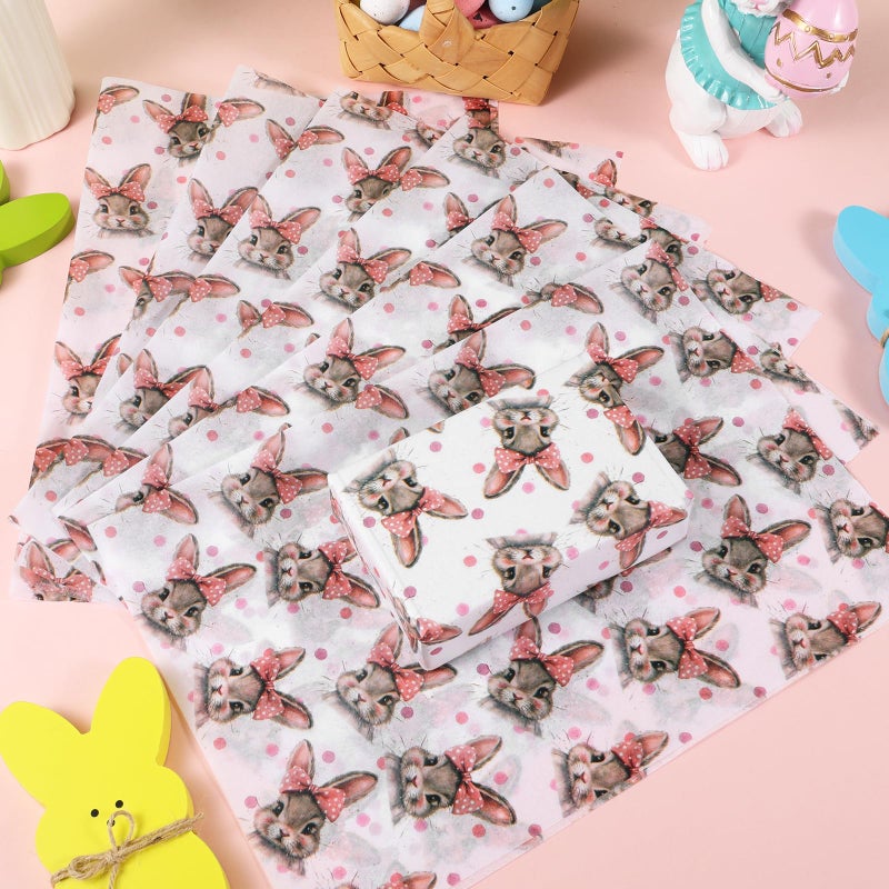 Fabllewavi 100 Sheets Retro Bunny Tissue Paper, Girly Rabbit Bows Patterns Wrapping Paper for Easter DIY Crafts Spring Birthday Baby Shower Party Supplies, 13.8 x 19.7 Inch - Image 3