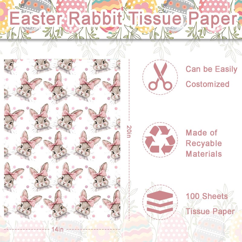 Fabllewavi 100 Sheets Retro Bunny Tissue Paper, Girly Rabbit Bows Patterns Wrapping Paper for Easter DIY Crafts Spring Birthday Baby Shower Party Supplies, 13.8 x 19.7 Inch - Image 2