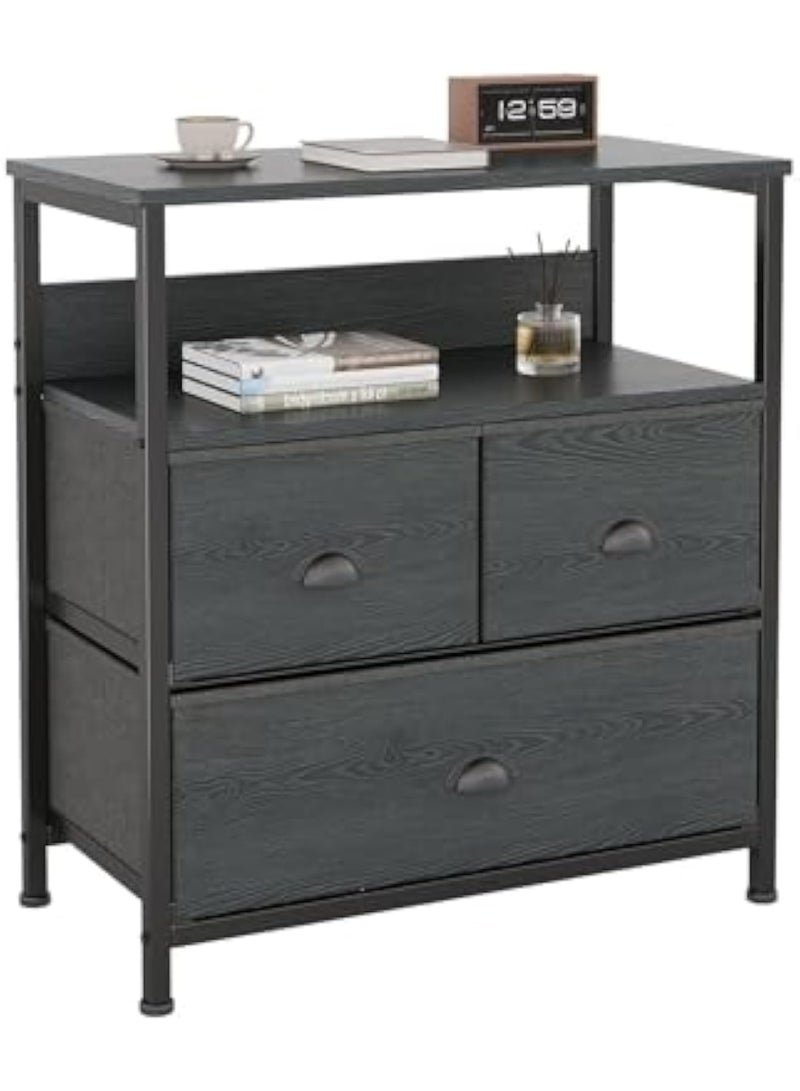 ACPLAY Modern Nightstand with 3 Drawers & Open Shelf, Compact Bedside Storage Cabinet with Metal Frame, Black Wood Grain Side Table for Bedroom, Sofa, or Entryway - Image 1