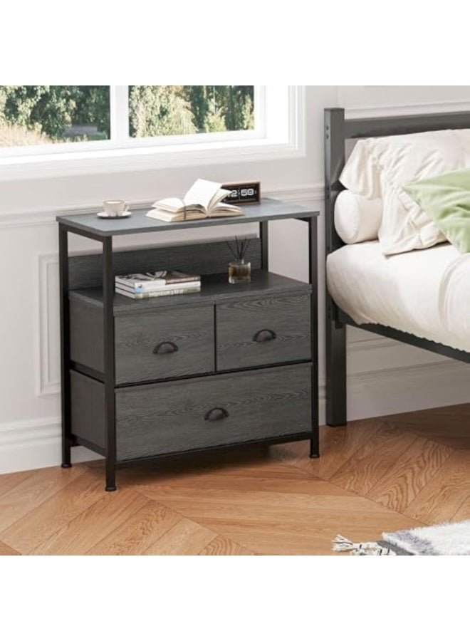 ACPLAY Modern Nightstand with 3 Drawers & Open Shelf, Compact Bedside Storage Cabinet with Metal Frame, Black Wood Grain Side Table for Bedroom, Sofa, or Entryway - Image 2