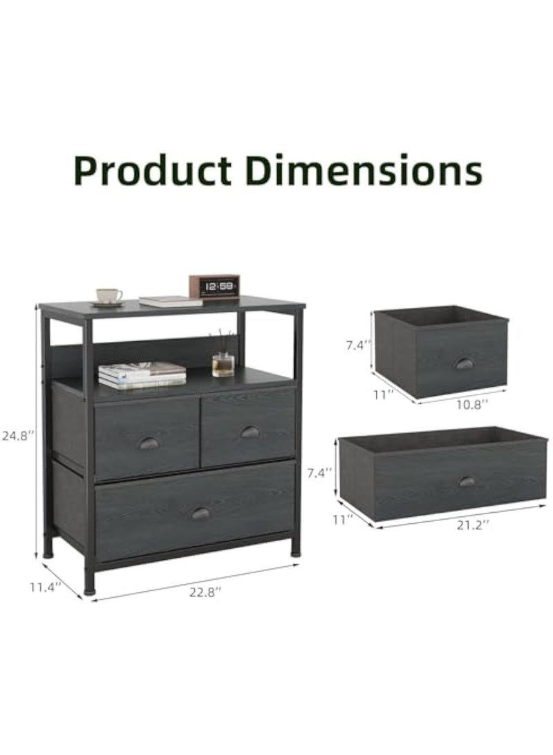 ACPLAY Modern Nightstand with 3 Drawers & Open Shelf, Compact Bedside Storage Cabinet with Metal Frame, Black Wood Grain Side Table for Bedroom, Sofa, or Entryway - Image 3