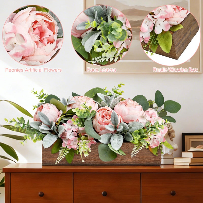 Scawim Flower Table Centerpieces for Wedding Pre-Made Artificial Peony Hydrangea Dining Table Decorations Wood Tray with Fake Flowers for Living Room Office Bar Kitchen Table(Pink) - Image 3