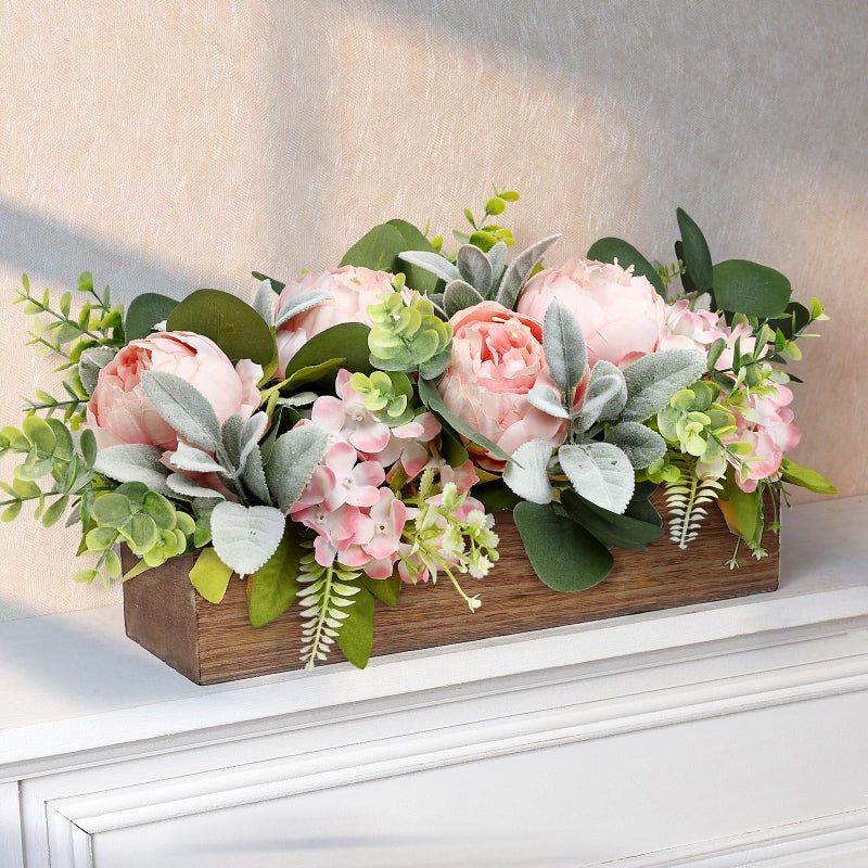 Scawim Flower Table Centerpieces for Wedding Pre-Made Artificial Peony Hydrangea Dining Table Decorations Wood Tray with Fake Flowers for Living Room Office Bar Kitchen Table(Pink) - Image 5