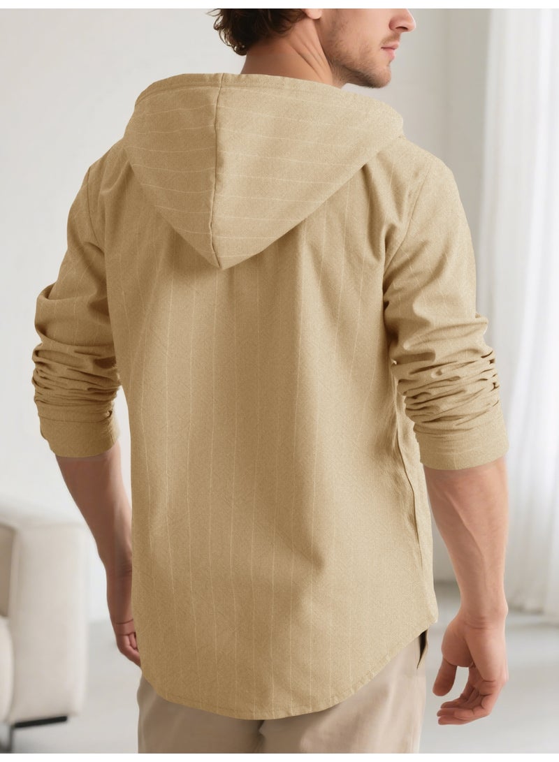 Casual Striped Linen Long Sleeve Slim Fit Hoodie Men's Shirt Spring Autumn  Comfortable Breathable  - Image 2