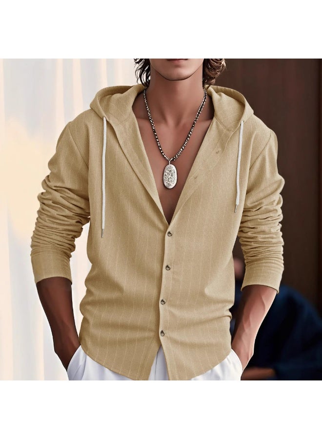 Casual Striped Linen Long Sleeve Slim Fit Hoodie Men's Shirt Spring Autumn  Comfortable Breathable  - Image 1
