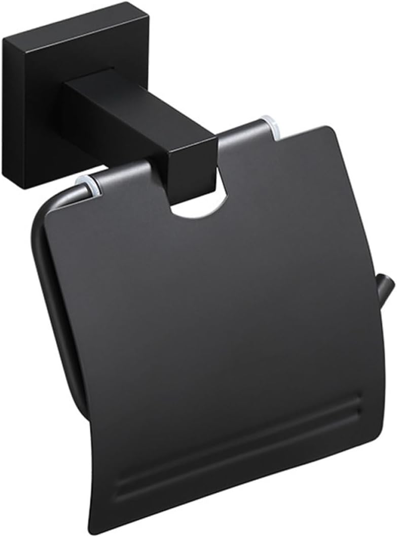 LABRIMP Black Punch-Free Wall Mounted Toilet Paper Holder, Space Aluminum Classic Square Bathroom Paper Towel Rack, Creative Washroom Tissue Storage Accessory - Image 1