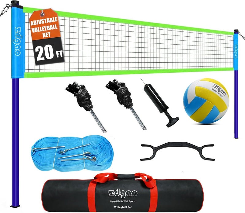 Zdgao Outdoor Portable Volleyball Net System - Adjustable Height Poles with Soft Volleyball Ball, Pump, Hammer, Boundary Line, and Carry Bag for Backyard, Beach, Lawn - Image 1